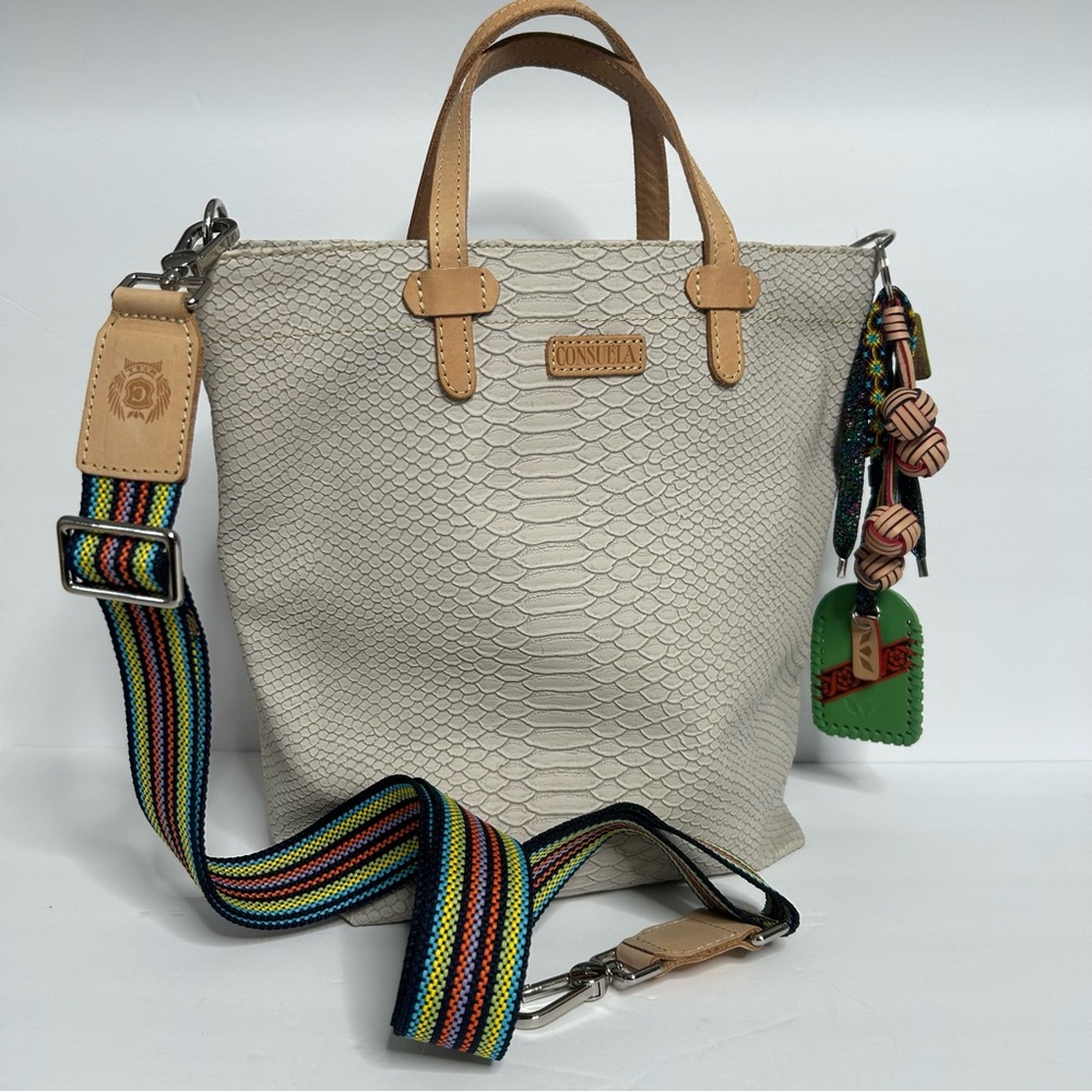 Consuela Cream Textured Tote with Tan Handles and Multicolor Strap